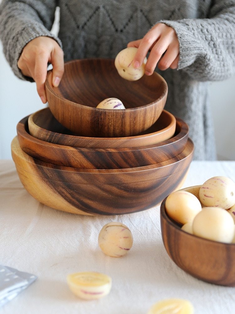 Kitchen Natural Wooden Bowl Household Fruit Bowl Salad Bowl For Home Restaurant Food Container Wooden Utensils Note The Size Hot - My Cozy Home